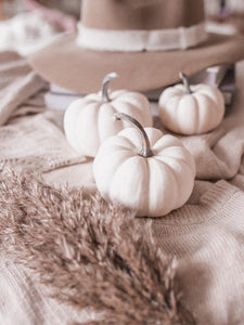 White pumpkins and a light brown hat