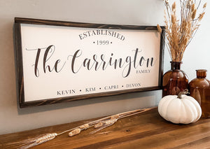 Family name and established date, handcrafted wood sign