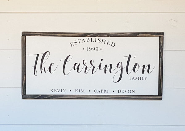 Family name and established date, handcrafted wood sign