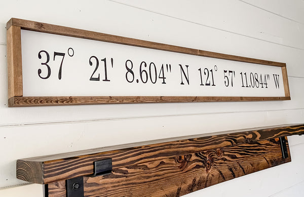 Farmhouse style wood sign with GPS Coordinates to a favorite location.