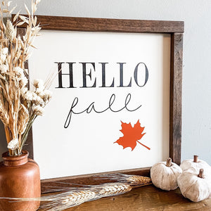 "Hello Fall" sign handcrafted out of wood