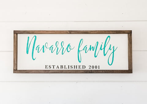 Handcrafted farmhouse style wood sign with family name and established date