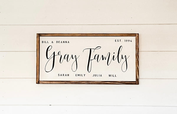 Handcrafted farmhouse style wood sign with the names of each family member and the established date