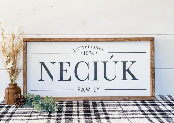 Handcrafted farmhouse style wood sign with the family name and established date