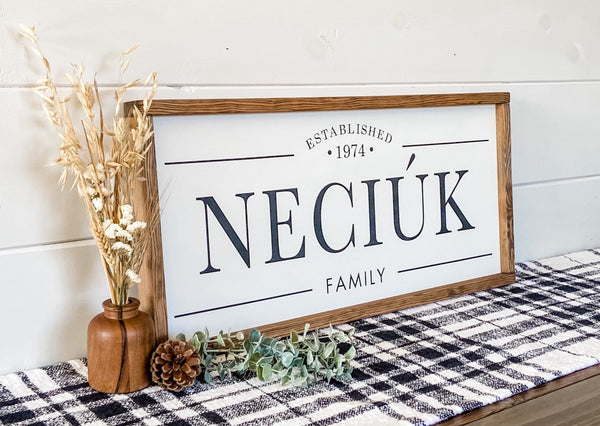 Handcrafted farmhouse style wood sign with the family name and established date