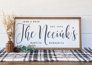 Handcrafted farmhouse style wood sign with the names of each family member and the established date