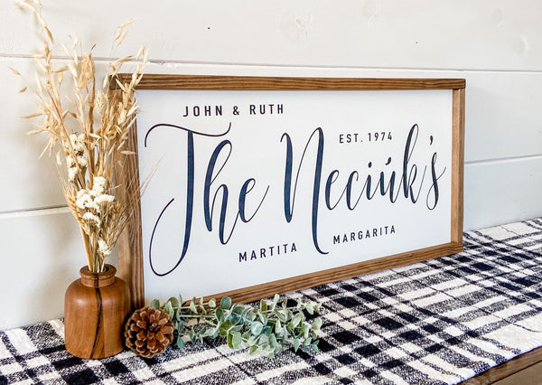 Handcrafted farmhouse style wood sign with the names of each family member and the established date