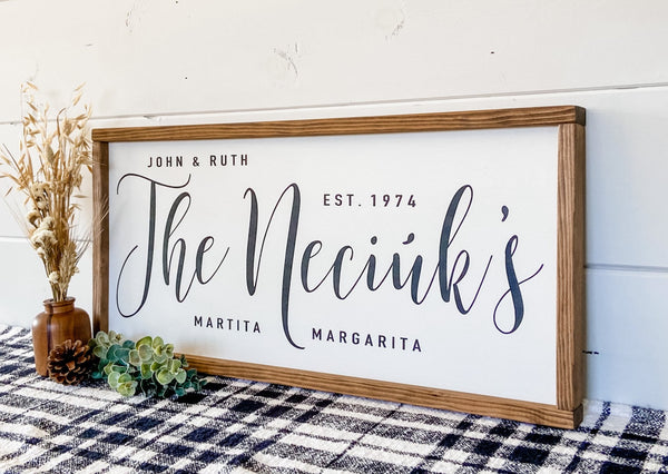 Handcrafted farmhouse style wood sign with the names of each family member and the established date