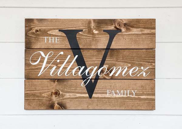 Farmhouse style sign made out of wood planks. Family name and initial painted onto the sign