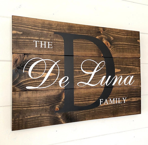 Farmhouse style sign made out of wood planks. Family name and initial painted onto the sign.