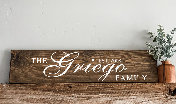 Family name and established date, handcrafted wood plank sign