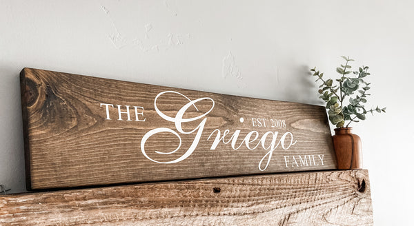 Family name and established date, handcrafted wood plank sign