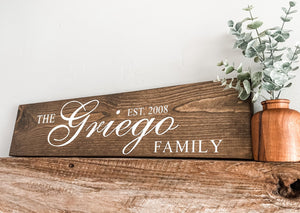 Family name and established date, handcrafted wood plank sign